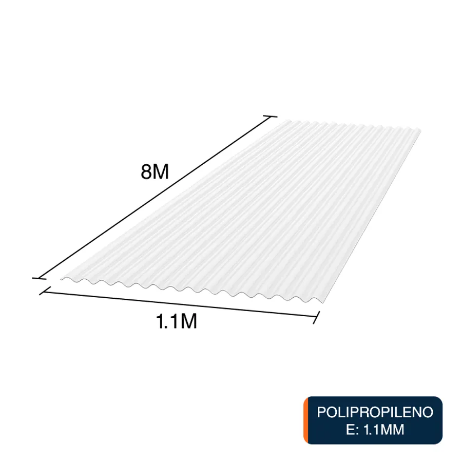 Chapa acanalada Luz polipropileno blanca translucida 8m x 1.1m x 1.1mm