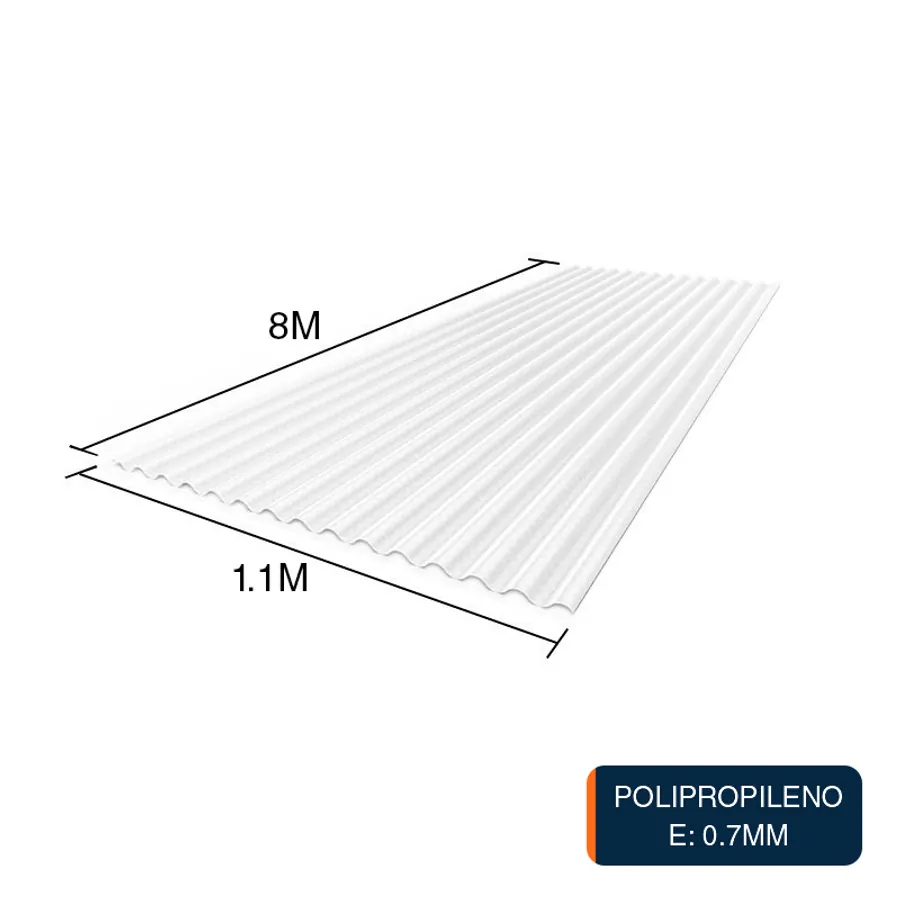 Chapa acanalada reforzada polipropileno blanca 8m x 1.1m x 0.7mm