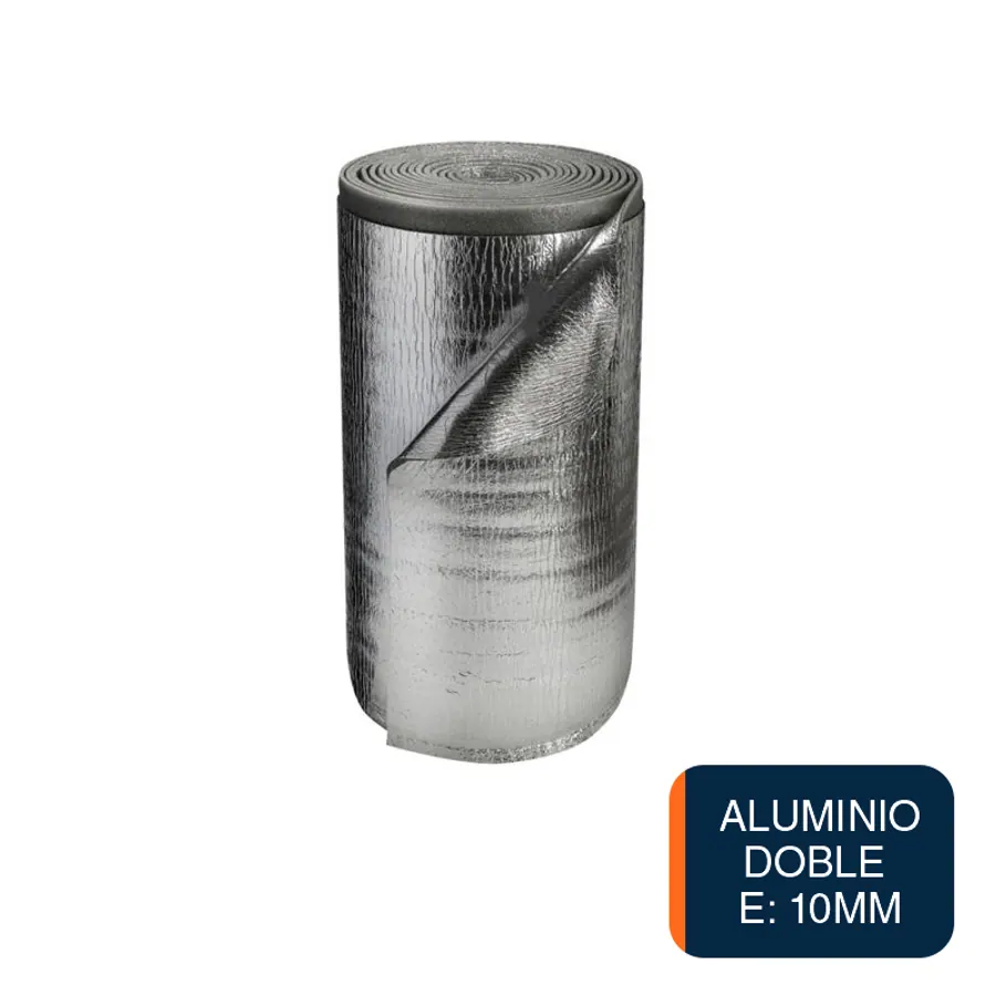 Aislante termico hidrofugo espuma polietileno TBA film aluminio doble 10mm x 1.05m x 20m rollo x 21m²
