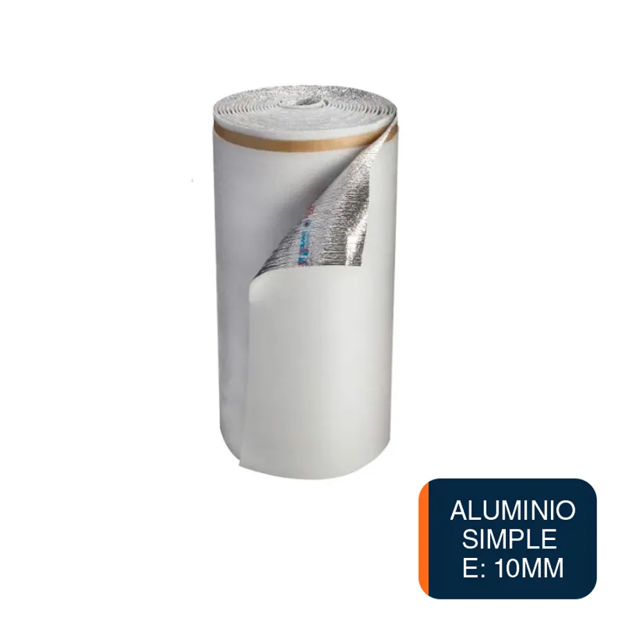 Aislante termico hidrofugo espuma polietileno TBA film aluminio simple 10mm x 1m x 20m rollo x 20m²