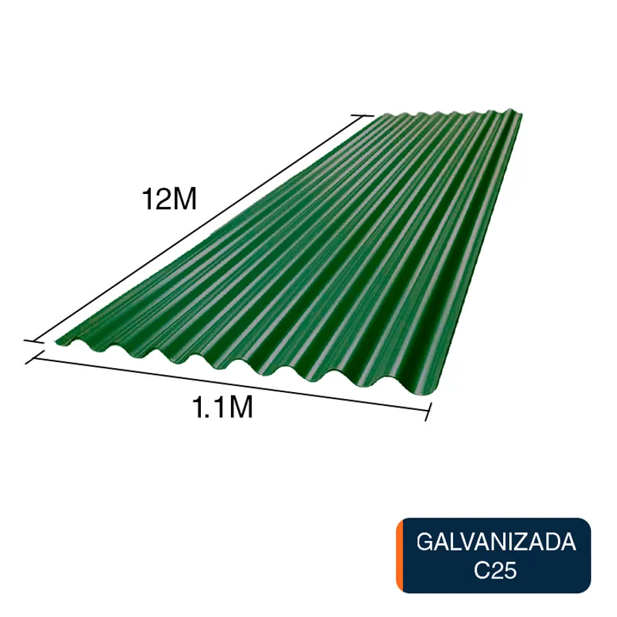 Chapa sinusoidal acanalada galvanizada techos C25 prepintada verde 12m x 1.1m x 0.5mm
