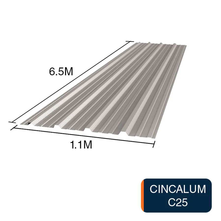 Chapa trapezoidal T1010 cincalum techos C25 6.5m x 1.1m x 0.5mm