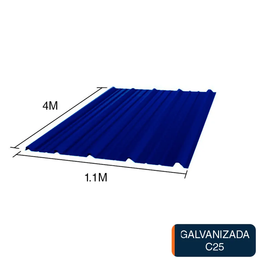Chapa trapezoidal T1010 galvanizada techos C25 prepintada azul 4m x 1.1m x 0.5mm
