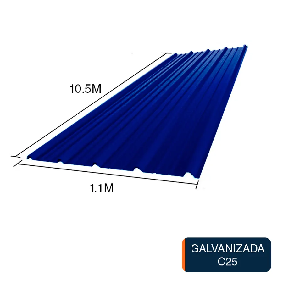 Chapa trapezoidal T1010 galvanizada techos C25 prepintada azul 10.5m x 1.1m x 0.5mm