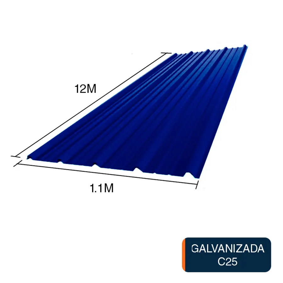 Chapa trapezoidal T1010 galvanizada techos C25 prepintada azul 12m x 1.1m x 0.5mm