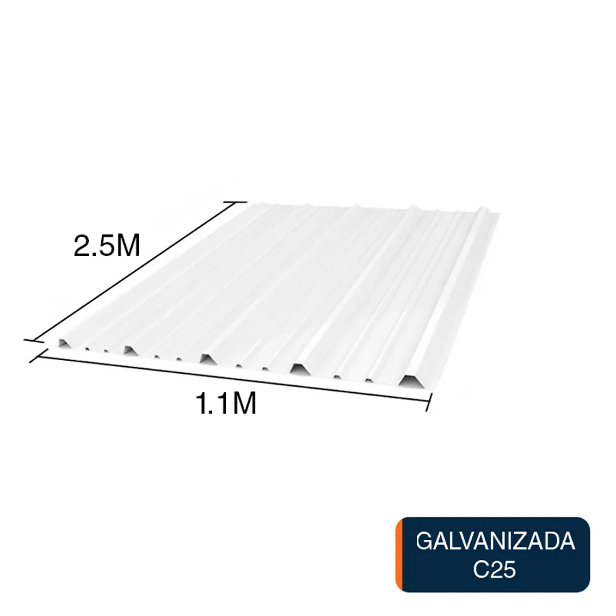 Chapa trapezoidal galvanizada T1010 techos C25 prepintada blanco 2.5m x 1.1m x 0.5mm
