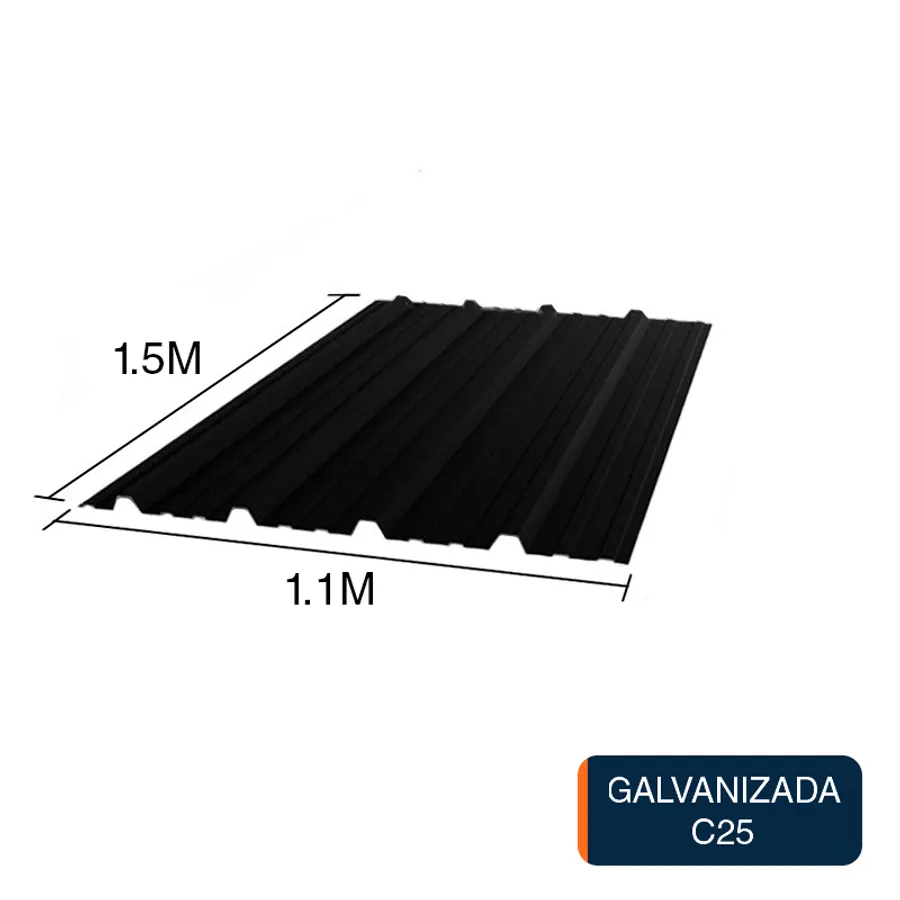 Chapa trapezoidal T1010 galvanizada techos C25 prepintada negro 1.5m x 1.1m x 0.5mm