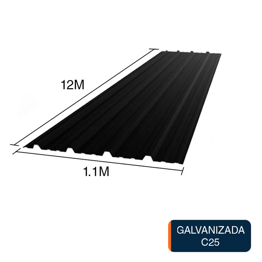 Chapa trapezoidal T1010 galvanizada techos C25 prepintada negro 12m x 1.1m x 0.5mm