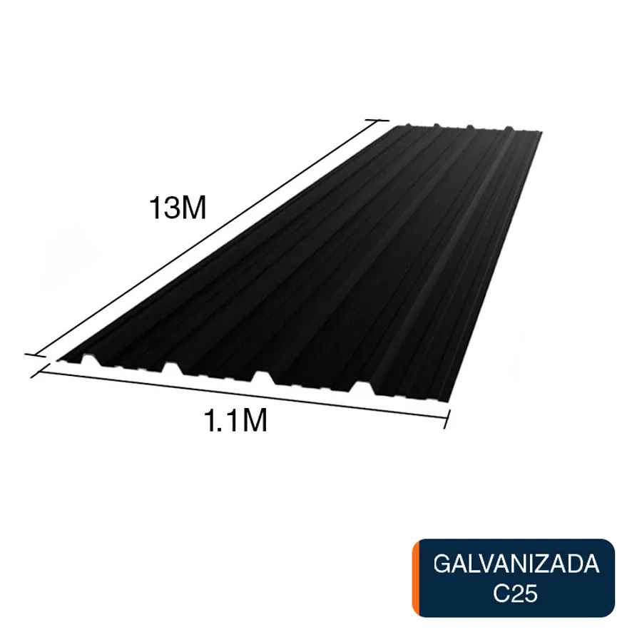 Chapa trapezoidal T1010 galvanizada techos C25 prepintada negro 13m x 1.1m x 0.5mm