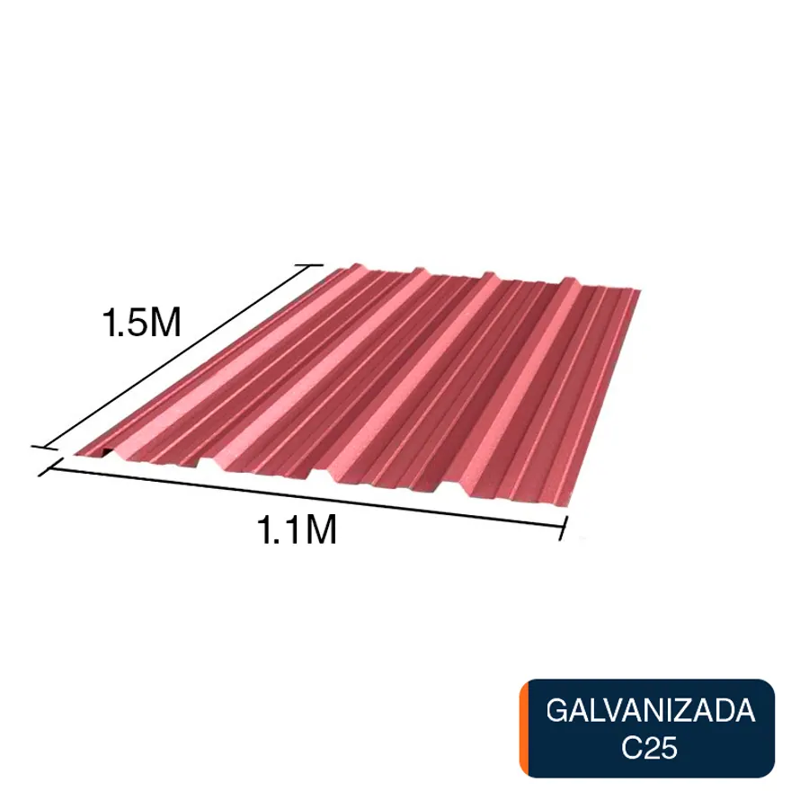 Chapa trapezoidal galvanizada T1010 techos C25 prepintada rojo 1.5m x 1.1m x 0.5mm