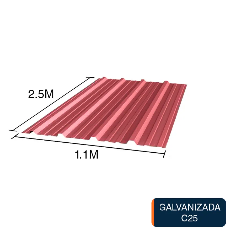 Chapa trapezoidal galvanizada T1010 techos C25 prepintada rojo 2.5m x 1.1m x 0.5mm