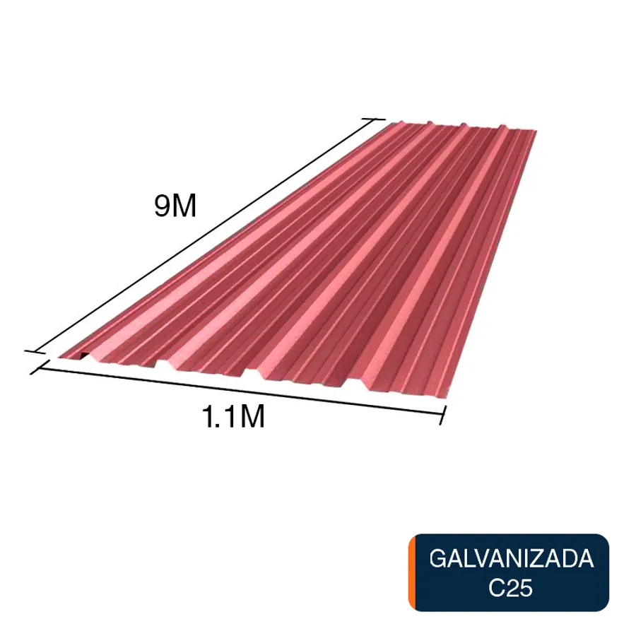 Chapa trapezoidal galvanizada T1010 techos C25 prepintada rojo 9m x 1.1m x 0.5mm