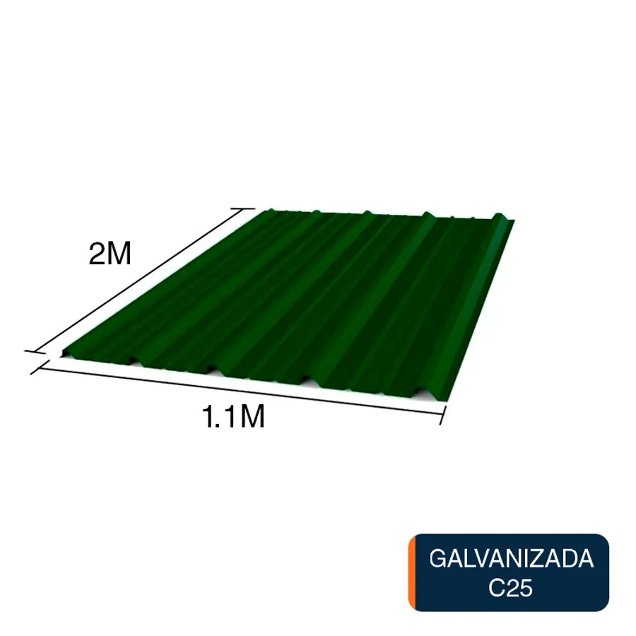 Chapa trapezoidal T1010 galvanizada techos C25 prepintada verde 2m x 1.1m x 0.5mm