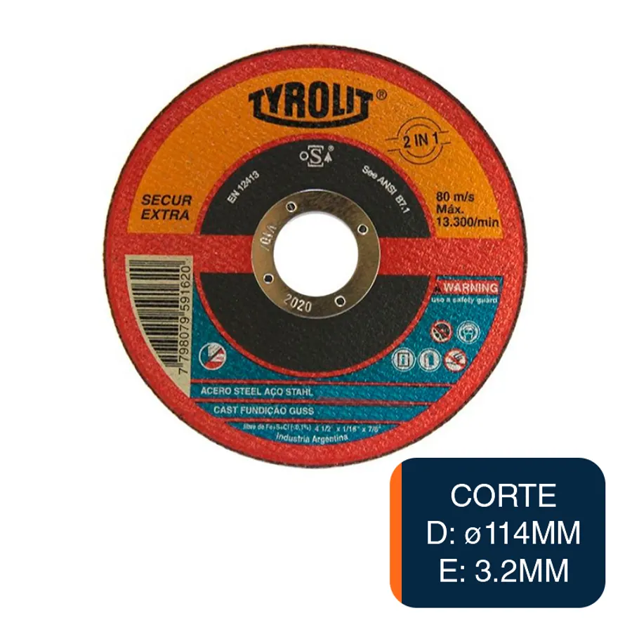Disco amoladora Secur Extra corte acero ø 114mm x 3.2mm x ø 22.23mm