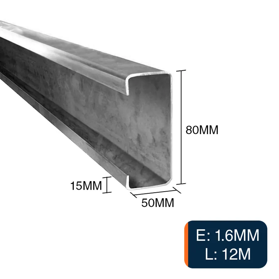 Perfil C acero galvanizado pestaña 15mm estructuras metalicas 80mm x 50mm x 12m x 1.6mm