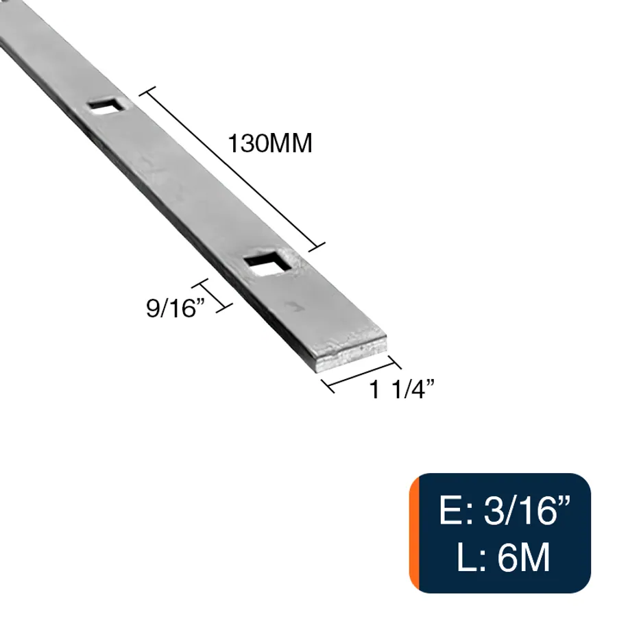 Planchuela herreria acero laminado 1 1/4" x 3/16" perforacion cuadrada 9/16" c/130mm barra 31.7mm x 4.8mm x 6m