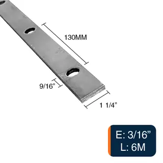 Planchuela herreria acero laminado 1 1/4" x 3/16" perforacion redonda 9/16" c/130mm barra 31.7mm x 4.8mm x 6m