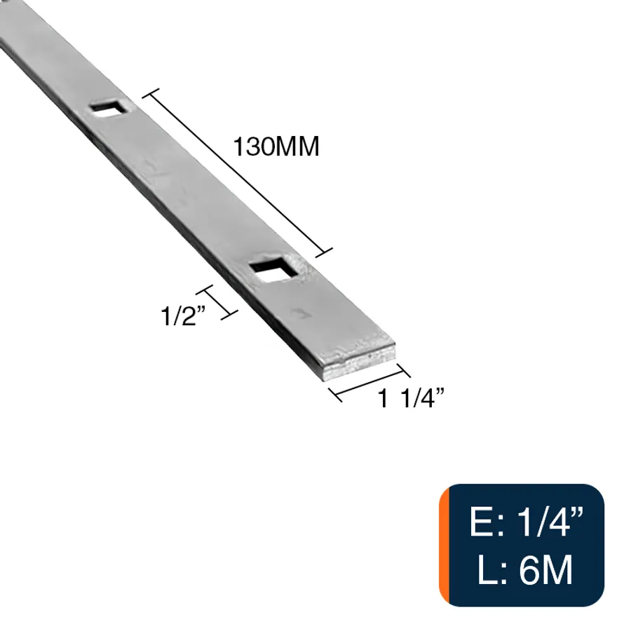 Planchuela herreria acero laminado 1 1/4" x 1/4" perforacion cuadrada 1/2" c/130mm barra 31.7mm x 6.4mm x 6m