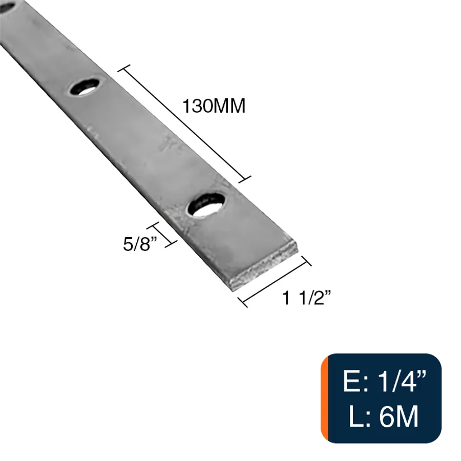 Planchuela herreria acero laminado 1 1/2" x 1/4" perforacion redonda 5/8" c/130mm barra 38.1mm x 6.4mm x 6m